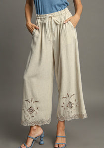 Umgee Linen Lace Cut Out Pants